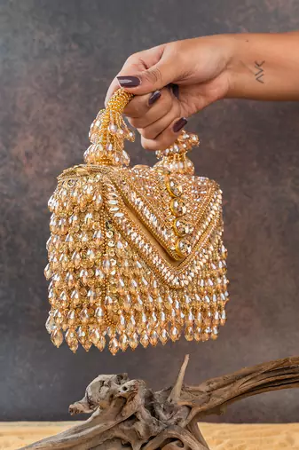 Gold crystal handcrafted silk bag