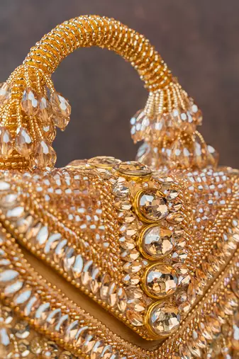 Gold crystal handcrafted silk bag