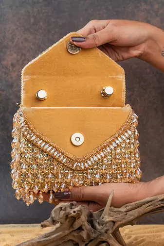 Gold crystal handcrafted silk bag