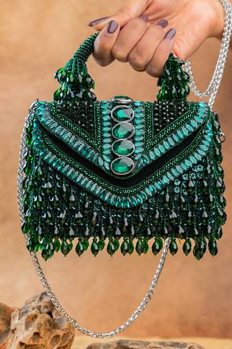 Emerald green handcrafted crystal silk bag