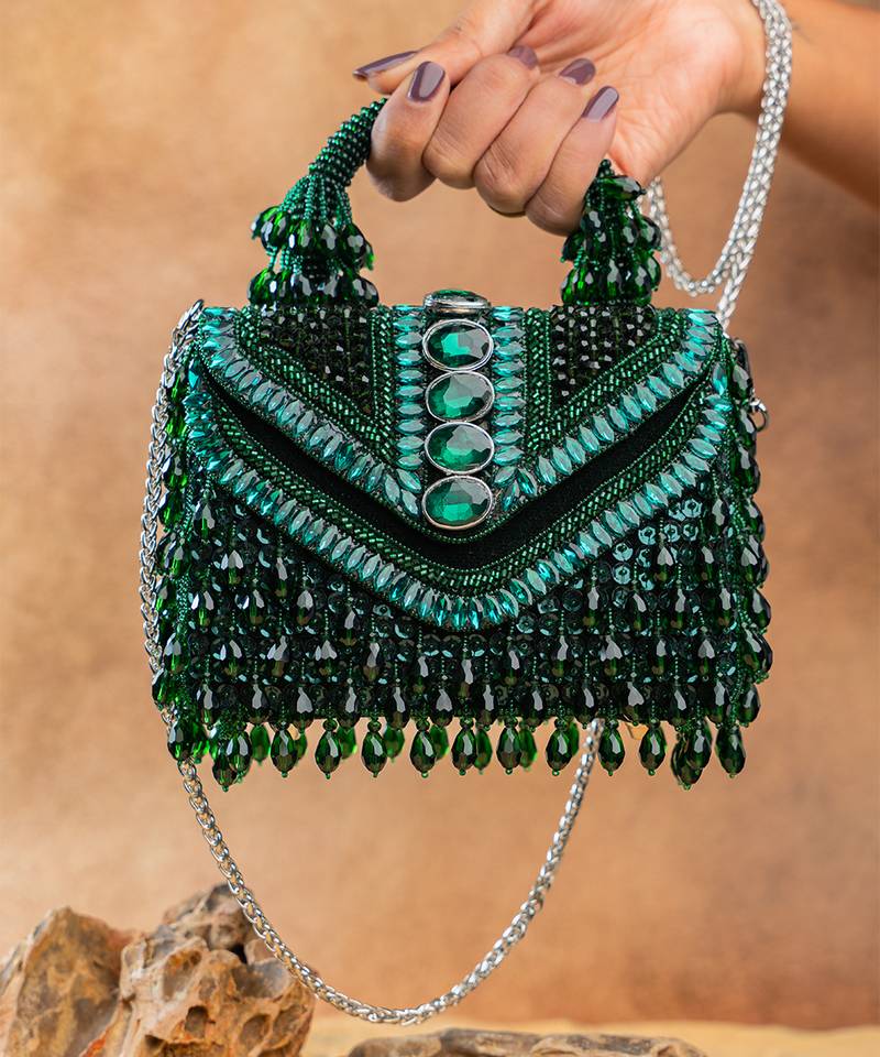 Emerald green handcrafted crystal silk bag