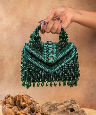 Emerald green handcrafted crystal silk bag 2