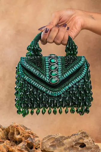 Emerald green handcrafted crystal silk bag