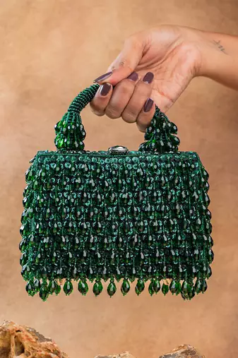 Emerald green handcrafted crystal silk bag