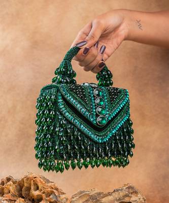 Emerald green handcrafted crystal silk bag 4