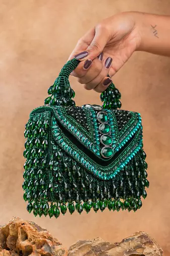Emerald green handcrafted crystal silk bag