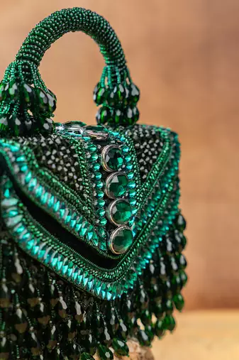 Emerald green handcrafted crystal silk bag