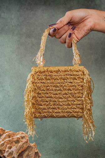 Gold weave fringe silk handbag