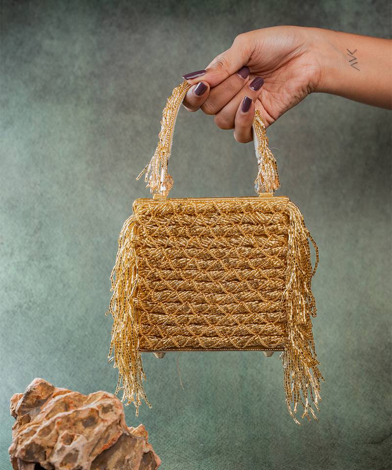 Gold weave fringe silk handbag