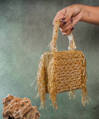 Gold weave fringe silk handbag 2