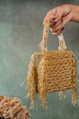 Gold weave fringe silk handbag