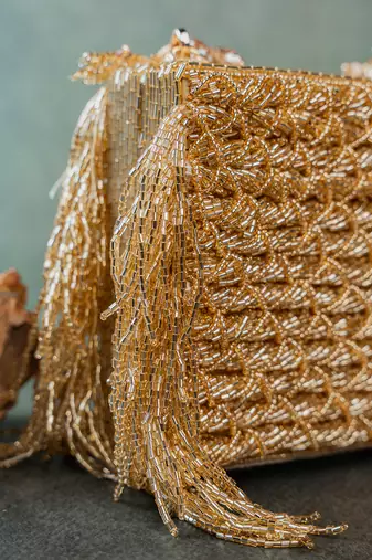 Gold weave fringe silk handbag