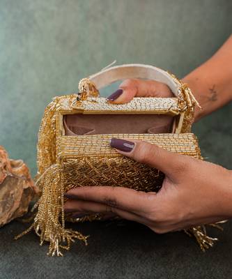 Gold weave fringe silk handbag 4