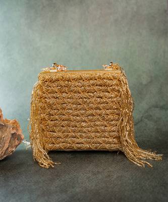 Gold weave fringe silk handbag 5