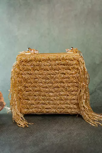 Gold weave fringe silk handbag
