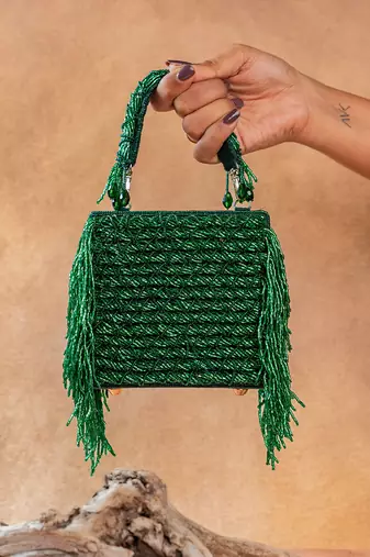 Emerald green weave fringe silk handbag