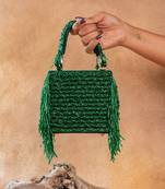 Emerald green weave fringe silk handbag