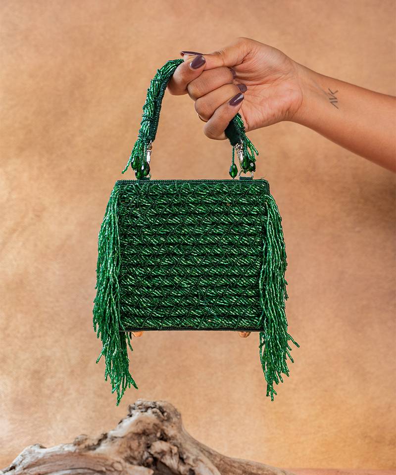 Emerald green weave fringe silk handbag
