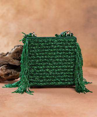 Emerald green weave fringe silk handbag 2