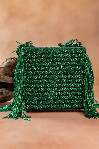 Emerald green weave fringe silk handbag