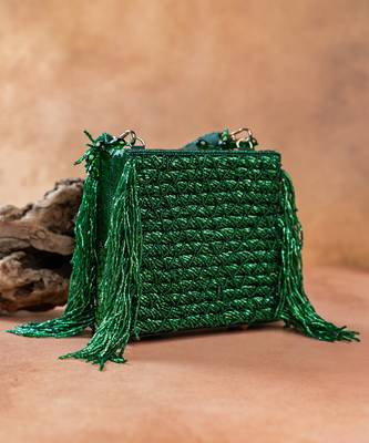 Emerald green weave fringe silk handbag 3