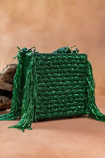 Emerald green weave fringe silk handbag