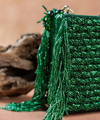 Emerald green weave fringe silk handbag 4
