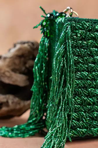 Emerald green weave fringe silk handbag