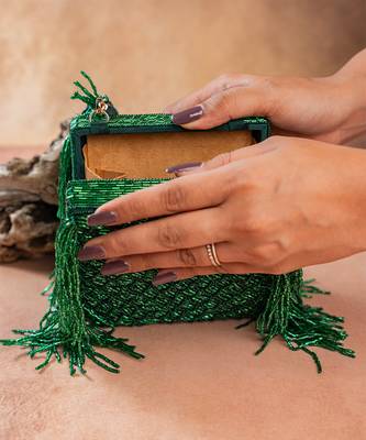 Emerald green weave fringe silk handbag 5
