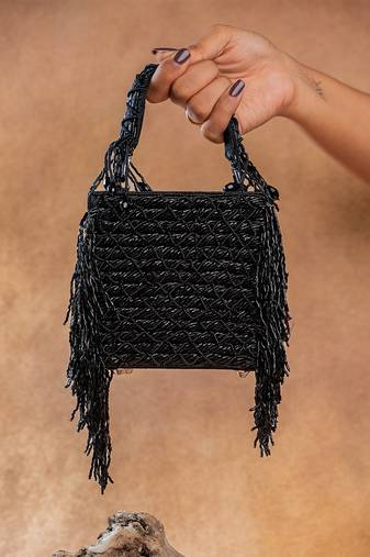 Jet black weave fringe silk handbag