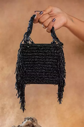 Jet black weave fringe silk handbag