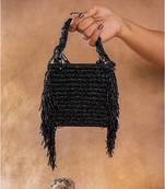 Jet black weave fringe silk handbag