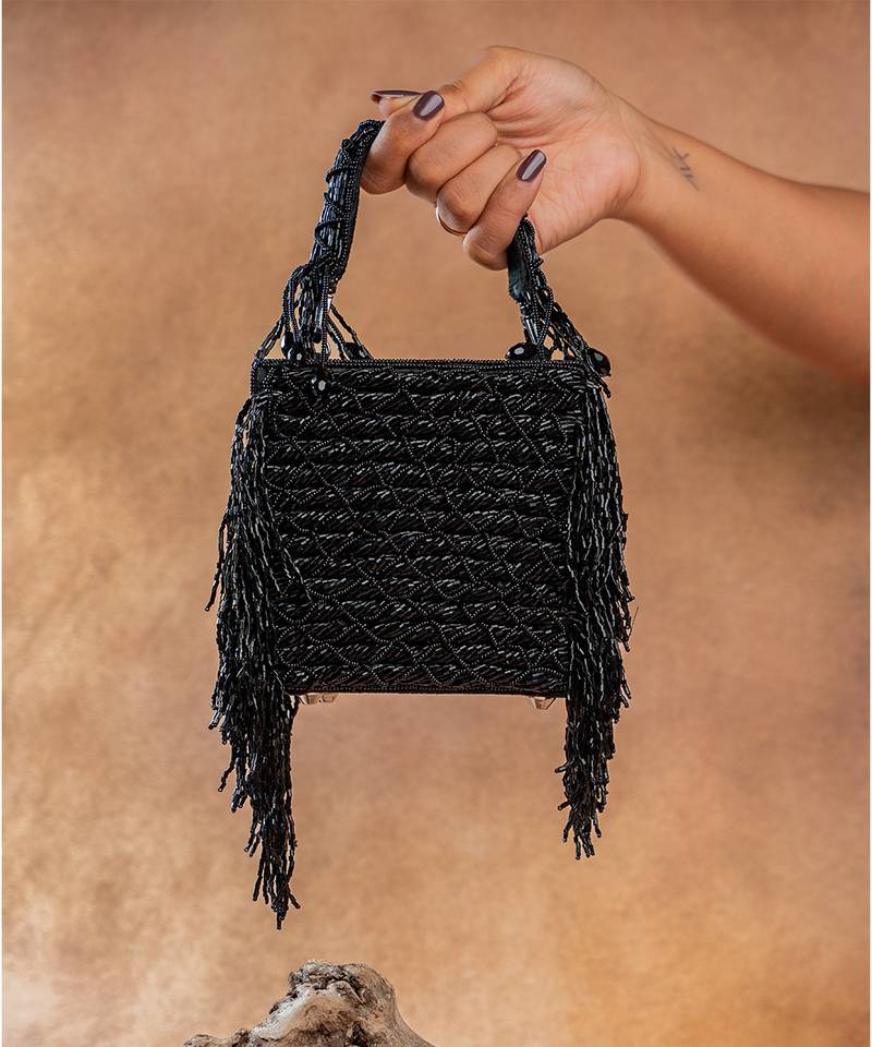 Jet black weave fringe silk handbag