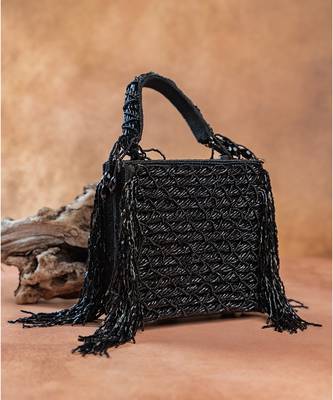 Jet black weave fringe silk handbag 2
