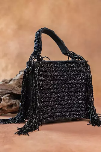 Jet black weave fringe silk handbag