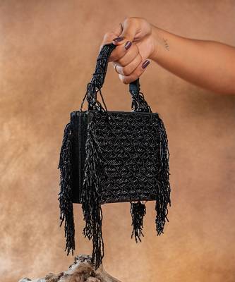 Jet black weave fringe silk handbag 3