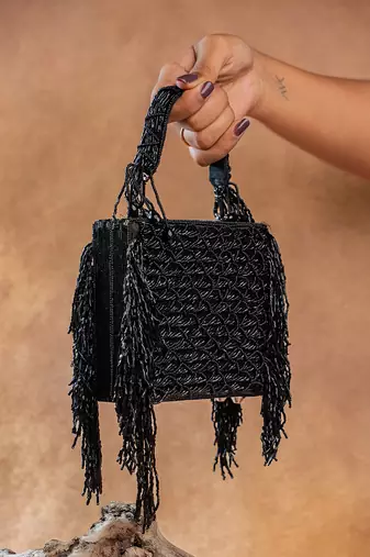Jet black weave fringe silk handbag