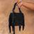 Jet black weave fringe silk handbag
