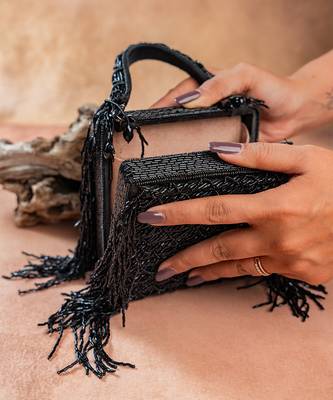 Jet black weave fringe silk handbag 4