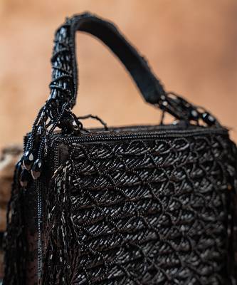 Jet black weave fringe silk handbag 5