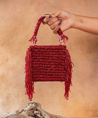 Ruby red weave fringe silk handbag 1