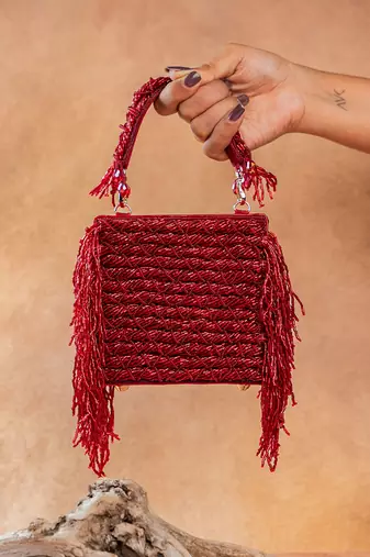 Ruby red weave fringe silk handbag