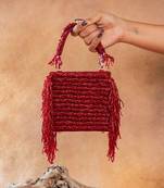 Ruby red weave fringe silk handbag