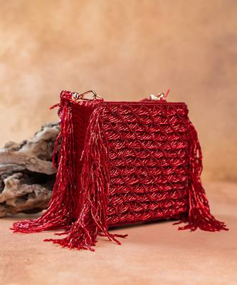 Ruby red weave fringe silk handbag 2