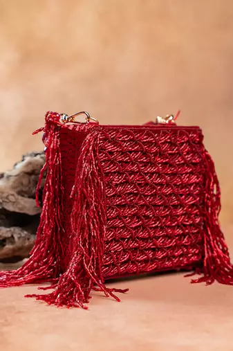 Ruby red weave fringe silk handbag