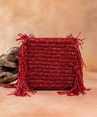 Ruby red weave fringe silk handbag 3