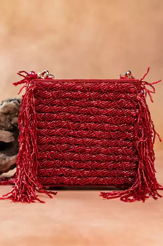 Ruby red weave fringe silk handbag