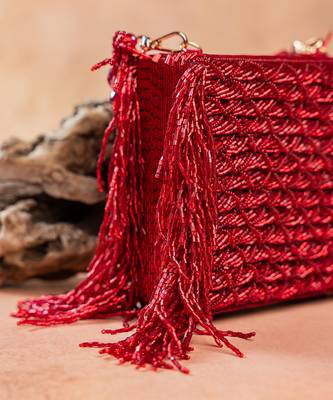 Ruby red weave fringe silk handbag 4