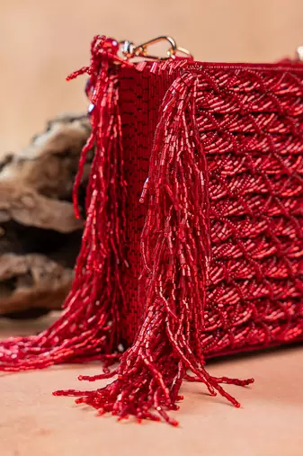 Ruby red weave fringe silk handbag