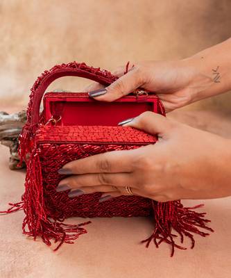 Ruby red weave fringe silk handbag 5